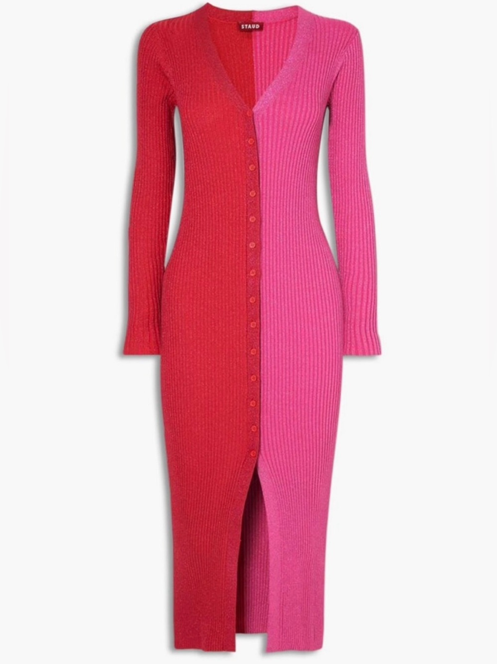 STAUD XS Two Tone Pink Red Ribbed Knit Maxi Dress Button Front Metallic Shimmer